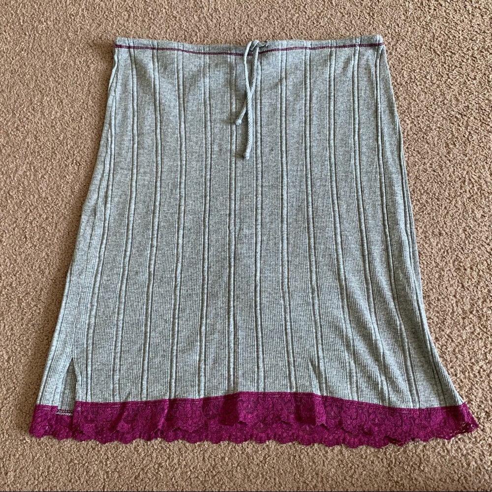 A-line Knit Elastic Tie Waist Grey Lace Hem Skirt